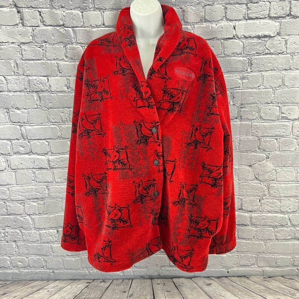 Vintage‎ Artisans Red Cardinal Bird Oversized Cozy Fleece Michigan Jacket XL